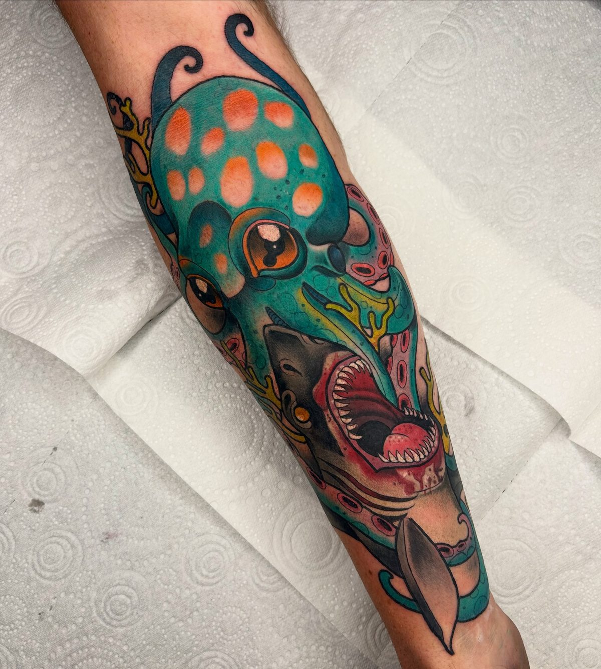 Iron Sky neo-traditional octopus tattoo